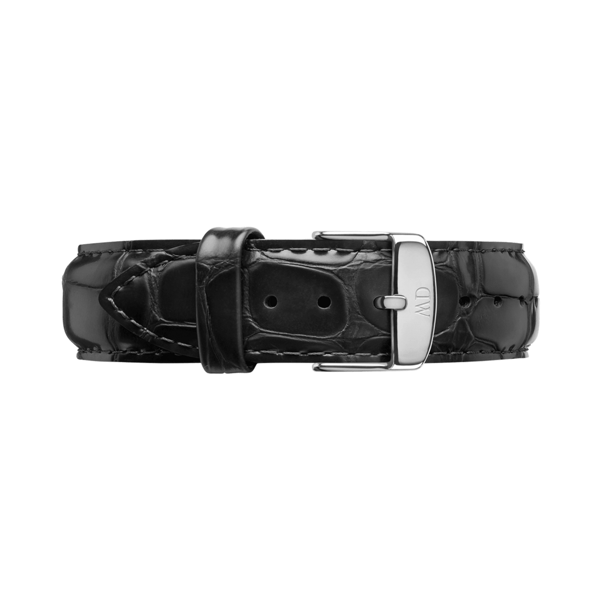 Black croc-embossed genuine leather watch strap with a polished silver buckle, designed for Daniel Wellington watches and available in multiple widths.