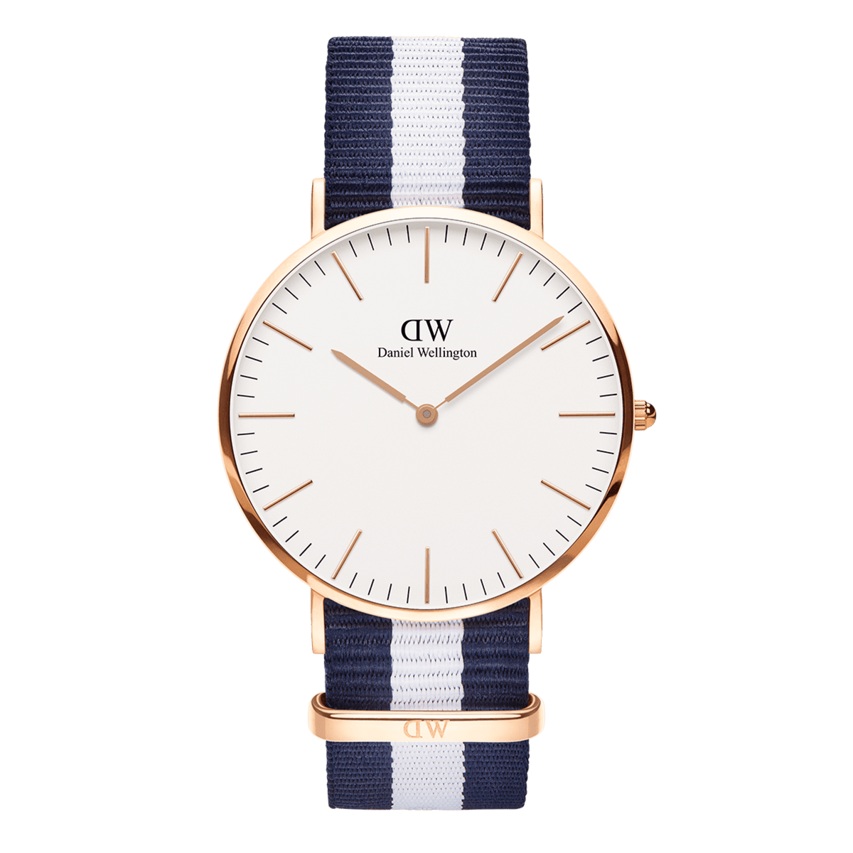 Classic Glasgow Rose Gold watch with a round rose gold case, minimalist white dial, and a blue and white striped polyester NATO strap, blending timeless elegance with a nautical-inspired design.