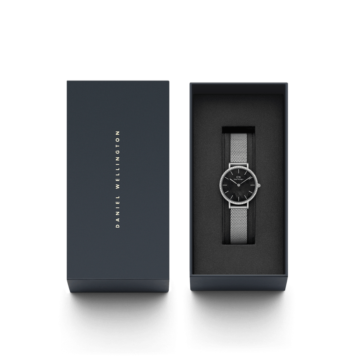 Petite Lumine Bezel Sterling Black MOP ladies watch with a silver mesh strap and crystal-set bezel, presented in a sleek Daniel Wellington gift box.