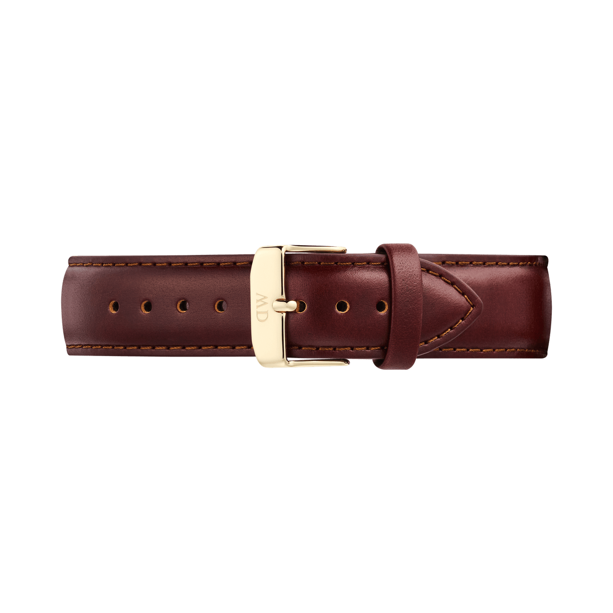 Brown leather Tapered St Mawes Strap Gold with subtle stitching and a polished gold-plated stainless steel buckle, designed for a 21mm fit and suitable for men’s watches.