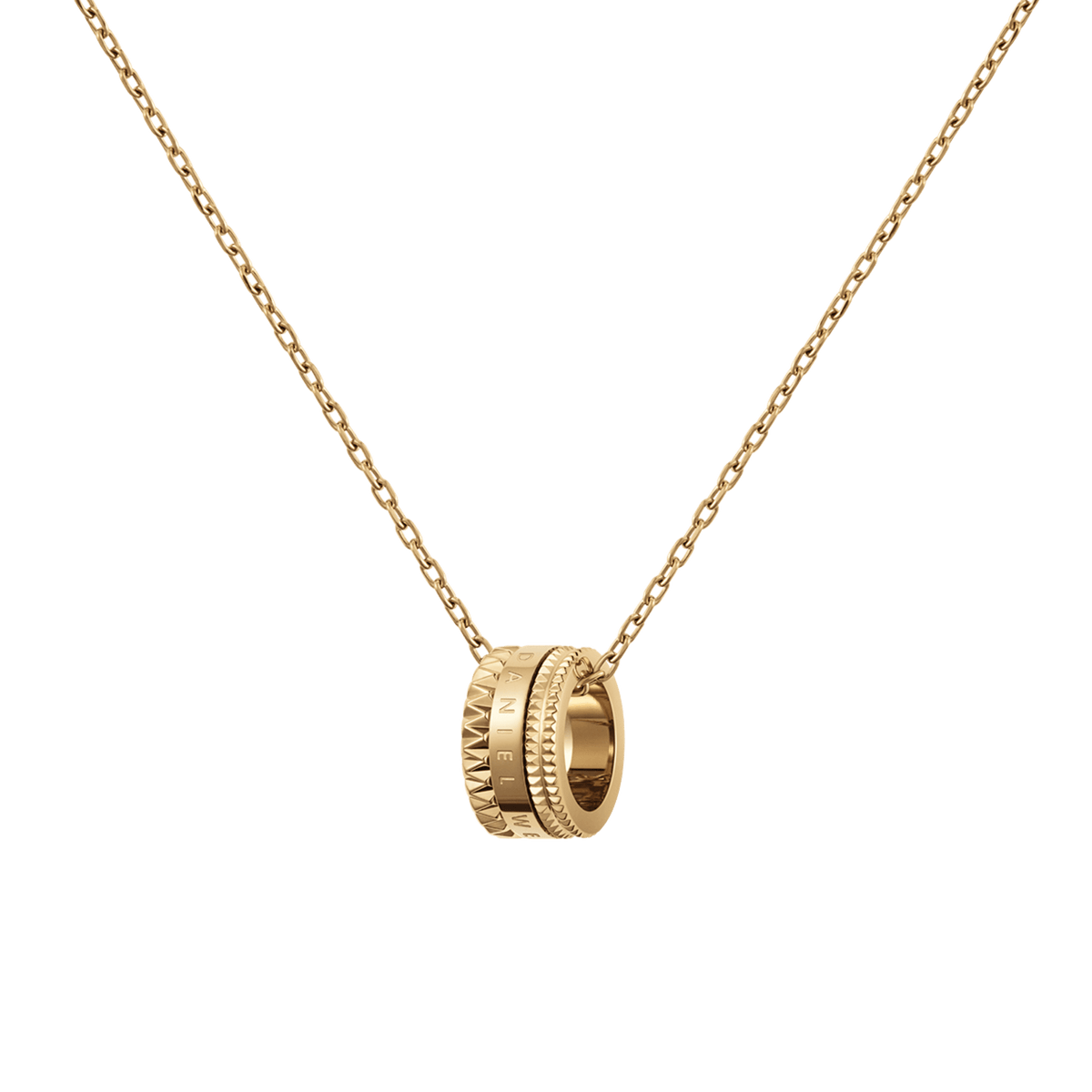 Gold necklace with a geometric-inspired ring pendant featuring textured details and a polished finish, suspended from a delicate adjustable chain. The necklace has a modern, minimalist design that highlights its refined gold tone and subtle sophistication.