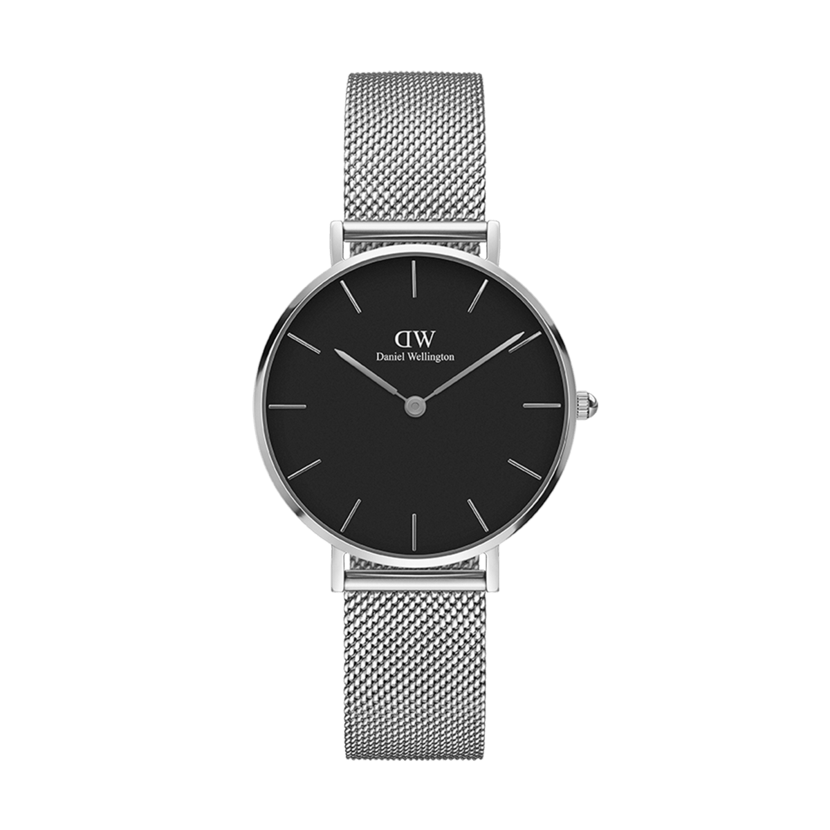 Petite Sterling Black Silver watch with a minimalist black dial, slim silver mesh strap, and polished stainless steel case, designed for comfortable everyday wear and petite wrists.