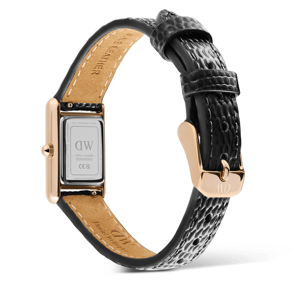 Rear view of the Daniel Wellington Bound Mini Black Lizard Rose Gold watch, highlighting the engraved stainless steel case back, textured black lizard grain leather strap, and rose gold pin buckle.