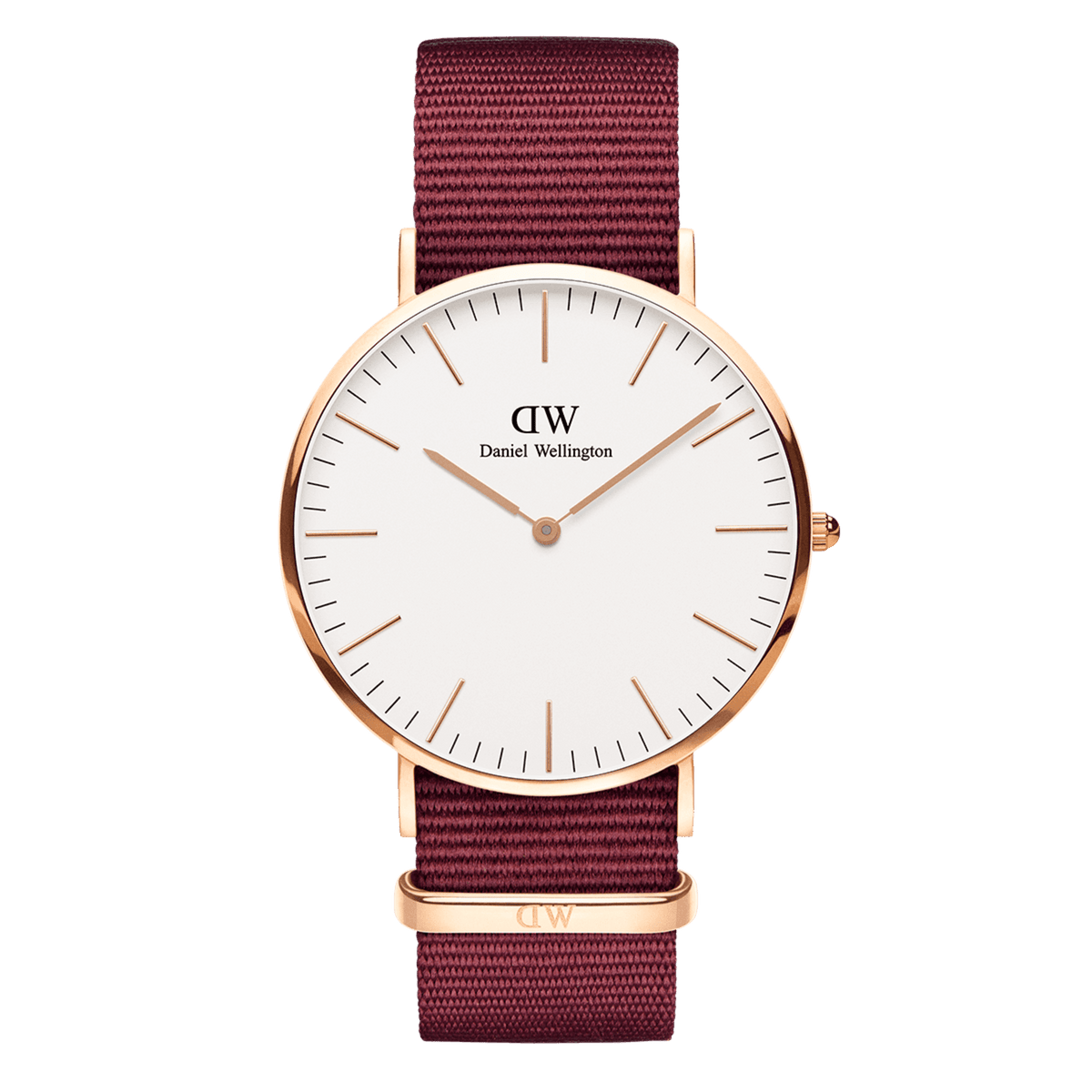 Classic Roselyn Rose Gold ladies watch with a slim rose gold case, minimalist white dial, and ruby red NATO fabric strap, designed for everyday comfort and versatile style.