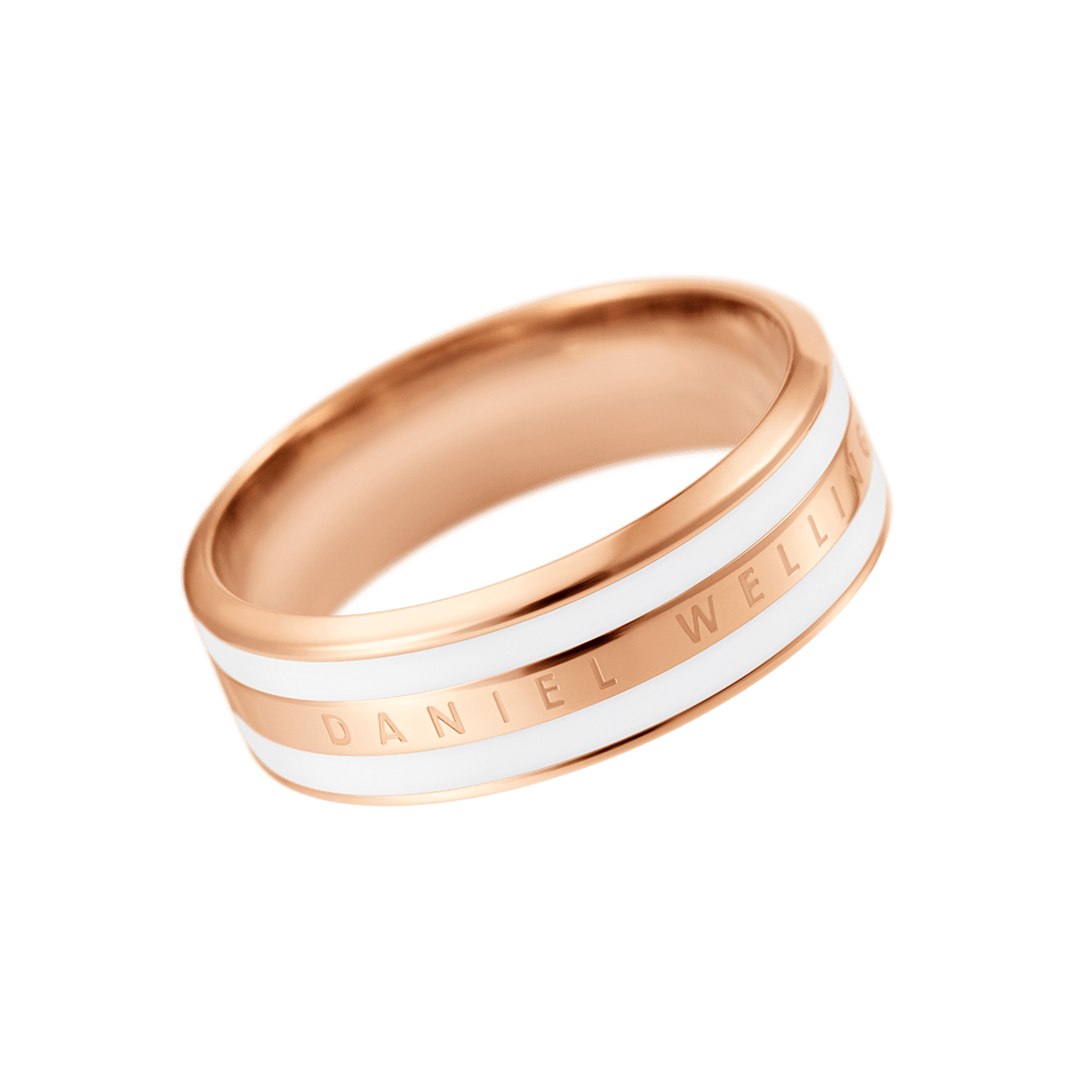 Rose gold Daniel Wellington Emalie Ring featuring a slim band with satin white enamel detailing and engraved branding, showcasing a modern minimalist design suitable for everyday wear or special occasions.