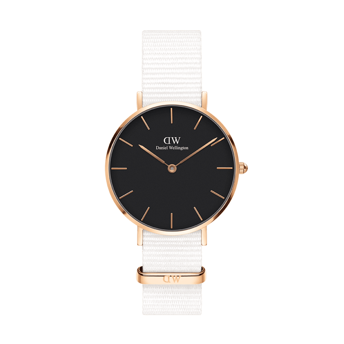 Petite Dover Black Rose Gold ladies watch with a slim rose gold case, minimalist black dial, and an adjustable white NATO fabric strap, offering a modern and versatile accessory for everyday wear.