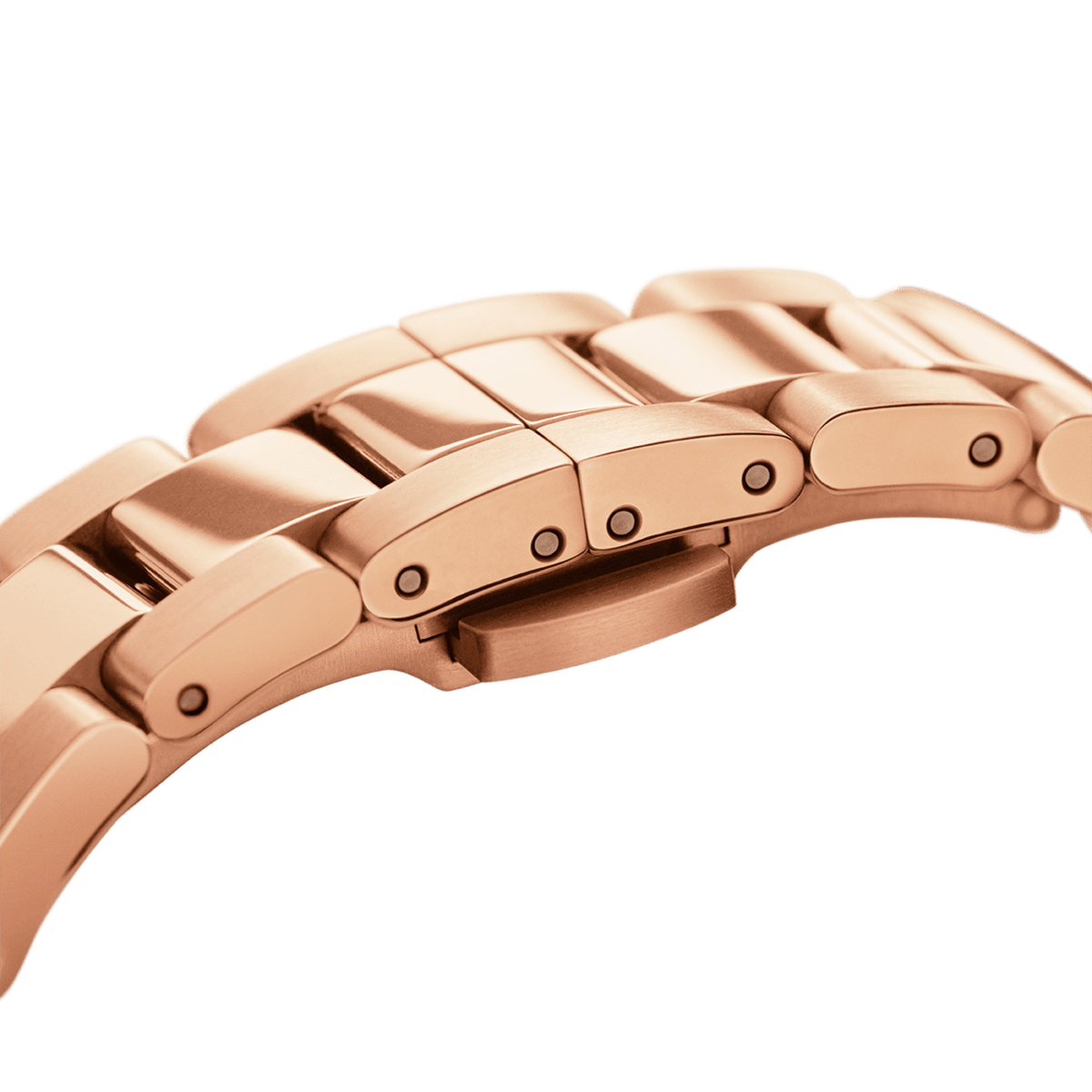 Close-up of the Iconic Link Pink Rose Gold watch’s adjustable rose gold stainless steel link bracelet, showing the clasp and smooth finish.