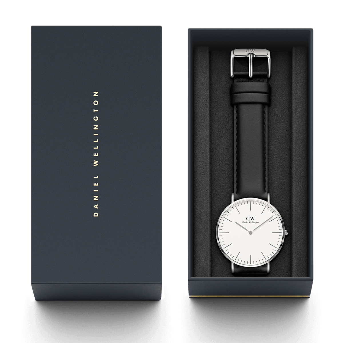 Classic Sheffield Silver watch with a black leather strap and minimalist silver case, presented in a sleek Daniel Wellington gift box with the lid placed alongside.
