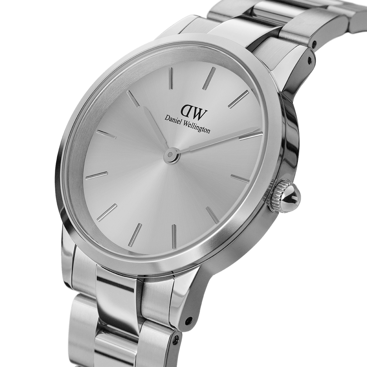 Close-up of the Iconic Link Unitone Silver ladies watch, highlighting its polished stainless steel link bracelet, minimalist silver dial and seamless modern design.