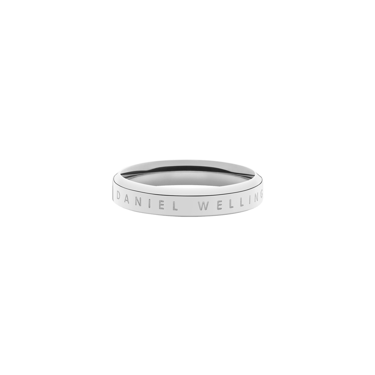 Classic Ring in silver stainless steel with a flat band profile and engraved Daniel Wellington branding, showcasing its minimalist and elegant design.