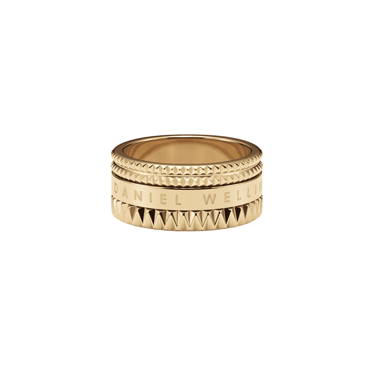 Elevation Ring Gold featuring a bold gold finish, geometric textured edges, and engraved branding, crafted from stainless steel with PVD gold plating.