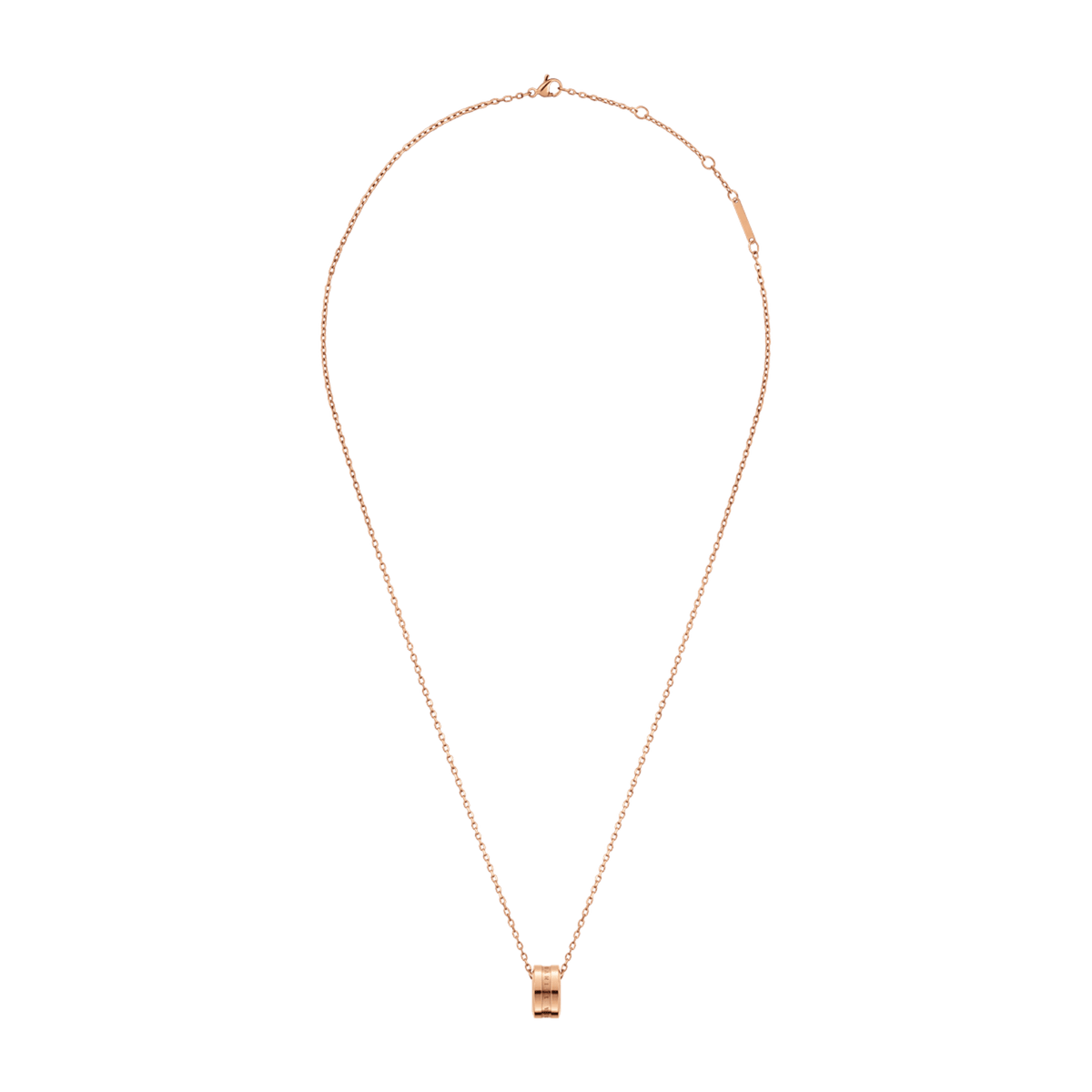 Elan Necklace Rose Gold with a fine adjustable chain and a polished rose gold ring pendant, offering a minimalist and elegant style suitable for everyday wear.