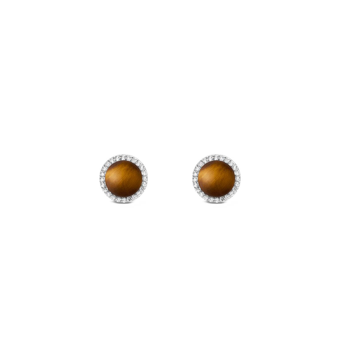 Pair of Audrey Earrings Tiger Eye Silver featuring round brown tiger eye stones set in polished silver, each surrounded by a halo of white cubic zirconia crystals for a refined, modern classic look.