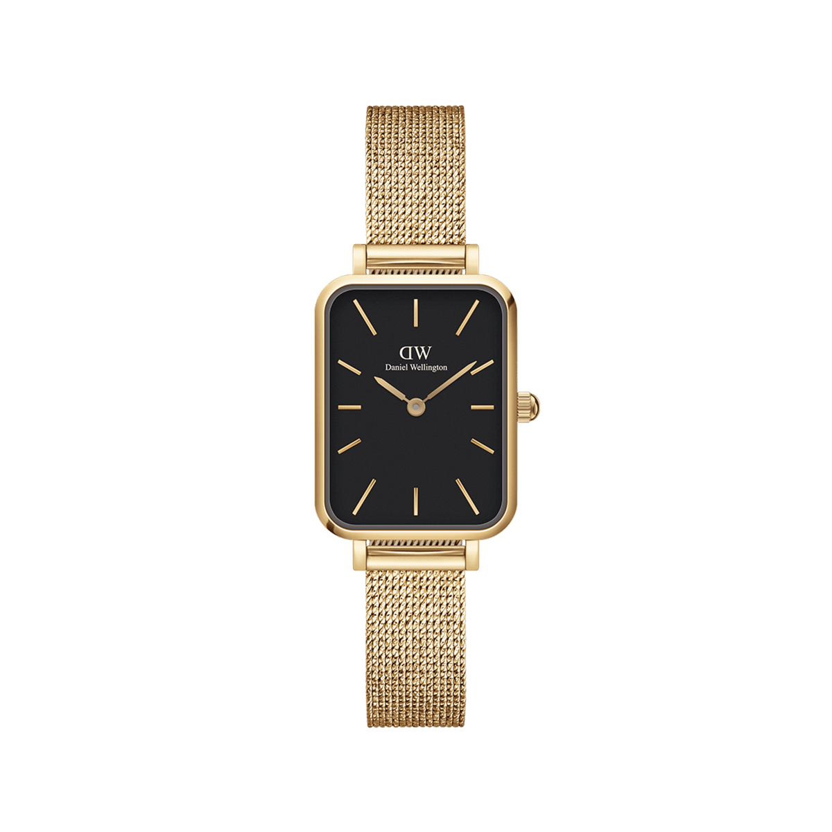 Quadro Pressed Evergold Black Gold features a rectangular gold case, striking black dial, and a slim gold mesh strap, offering a minimalist and elegant look ideal for everyday wear.