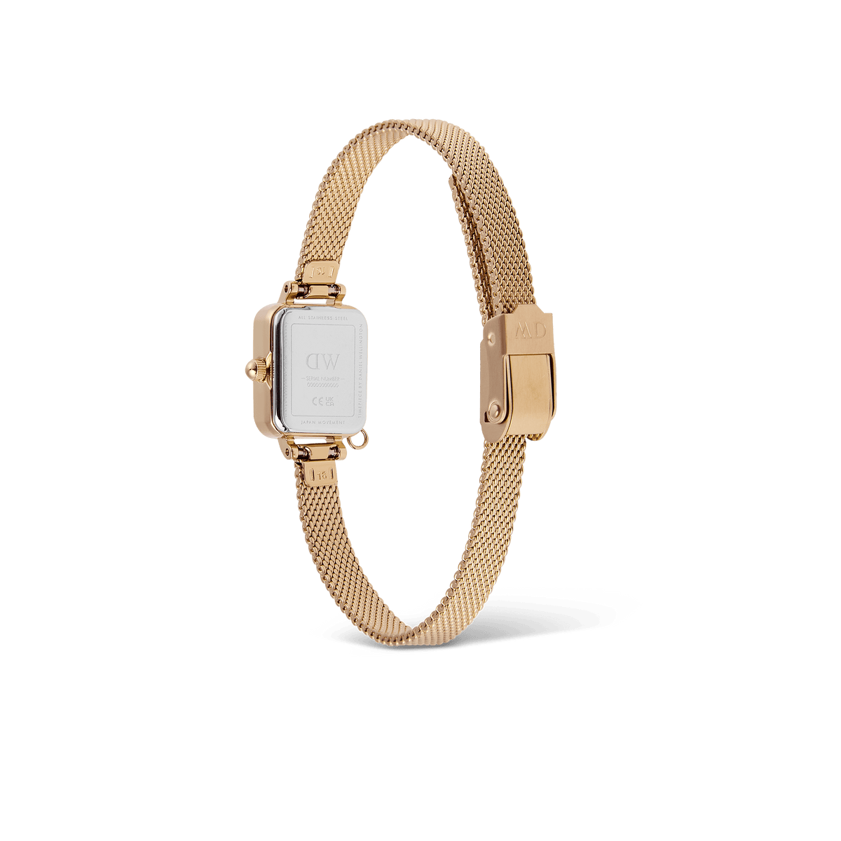 Rear view of the Daniel Wellington Quadro Mini Crystal Zodiac Evergold Set, showing the stainless steel case back and adjustable gold mesh strap with a secure clasp.