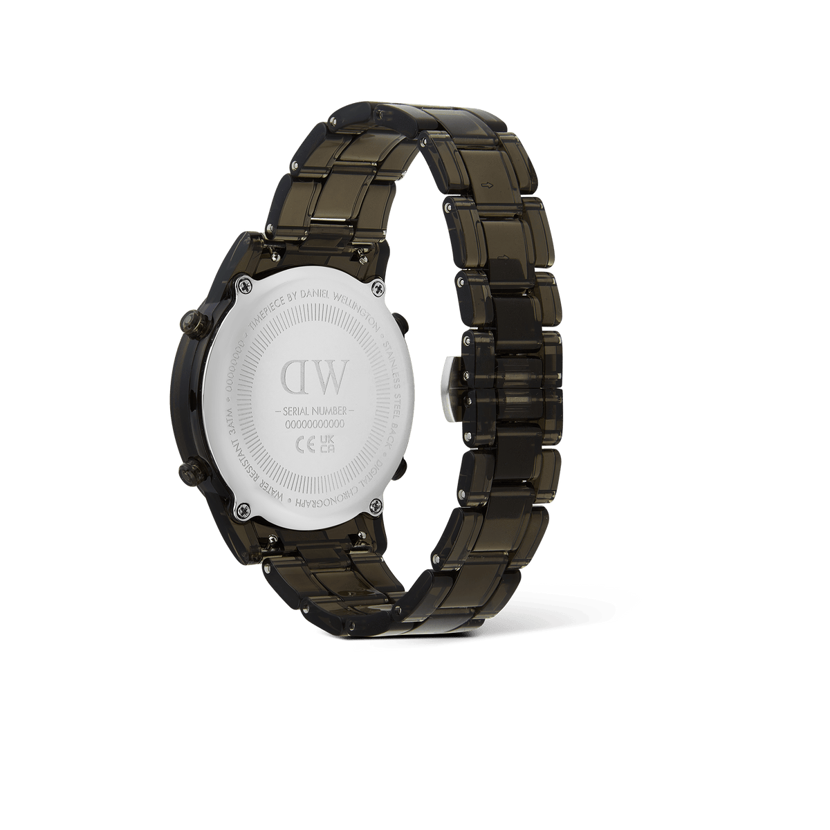 Back view of the Daniel Wellington Retro Digital Dark Grey Dark Grey watch, showing the engraved stainless steel case back and transparent bio-based plastic link strap.