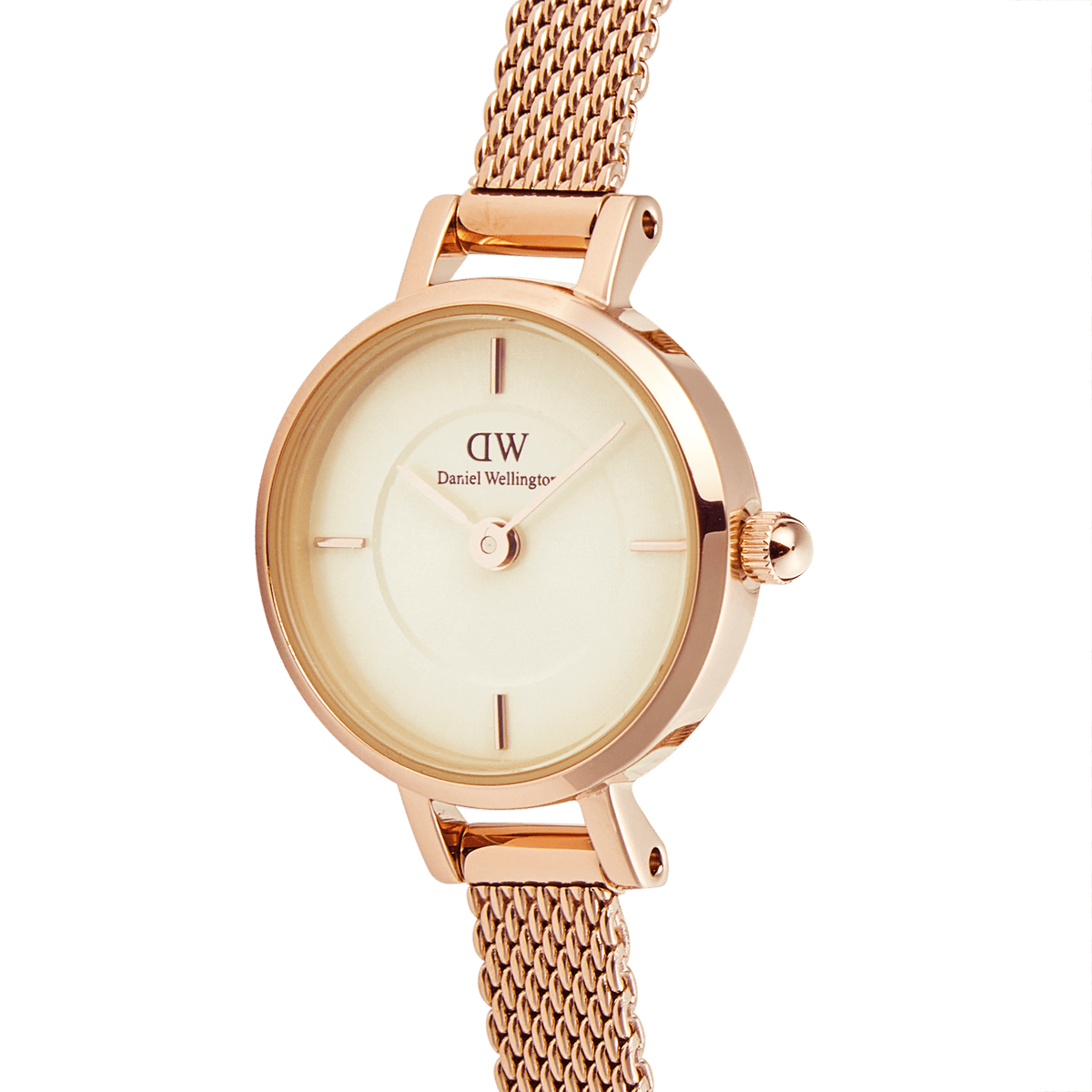 Close-up of the Petite Mini Champagne Melrose watch, showcasing its champagne dial, minimalist hour markers, and rose gold mesh strap with polished detailing.