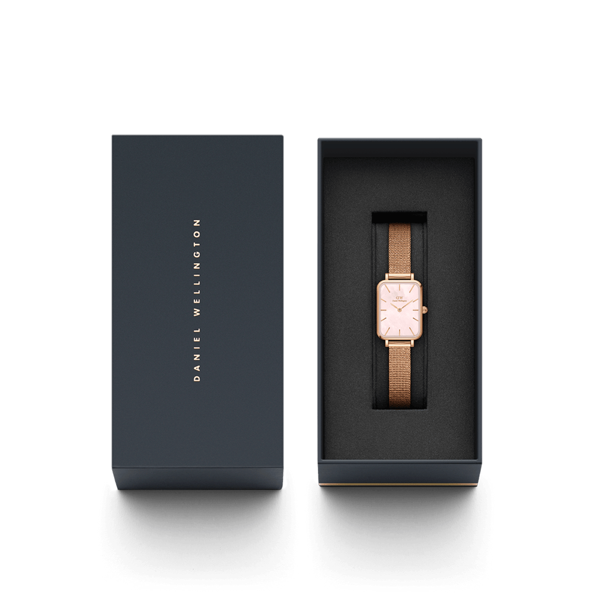 Quadro Pressed Melrose Pink MoP Rose Gold ladies watch with a rectangular rose gold case and mesh strap, elegantly presented in a branded Daniel Wellington gift box.