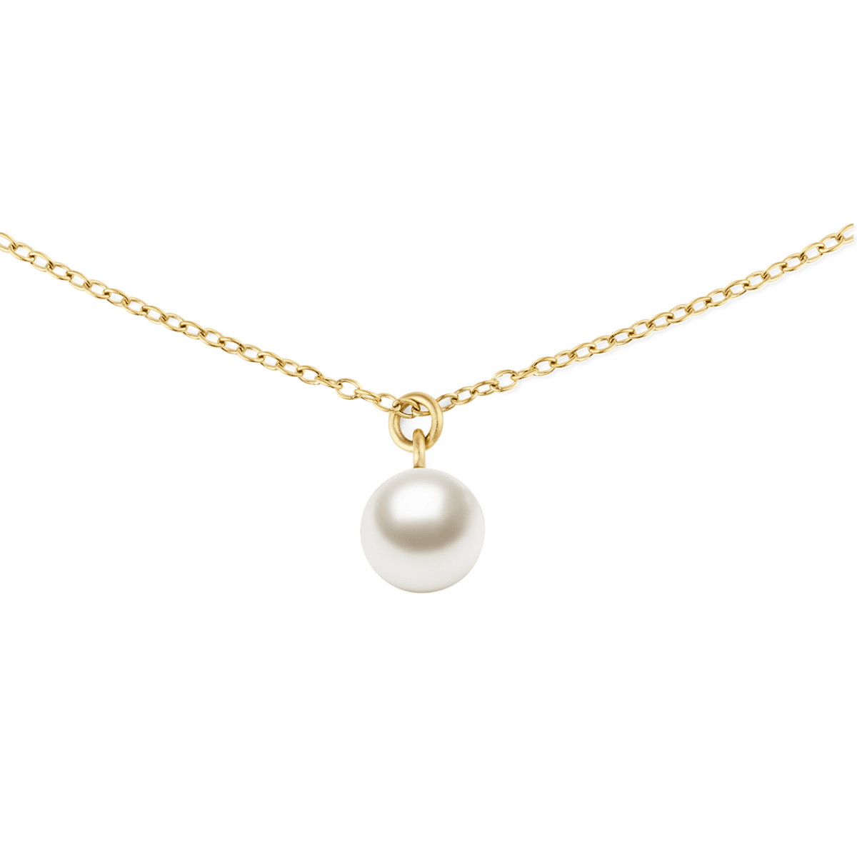 Gold chain necklace featuring a single round Swarovski glass pearl pendant, designed with a minimalist and elegant style for versatile everyday wear.
