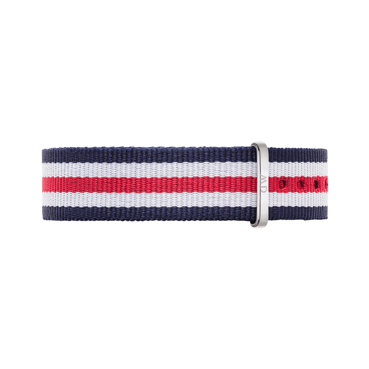Canterbury Strap Silver in navy, white, and red stripes with a polished silver buckle, crafted from lightweight polyester for a stylish and comfortable NATO watch strap option.