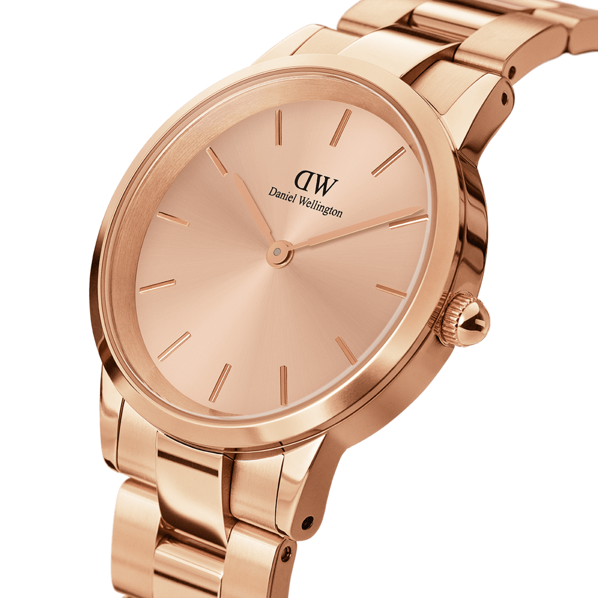 Close-up of the Iconic Link Unitone RG rose gold ladies watch, showing the seamless rose gold dial, minimalist hour markers, and polished rose gold link bracelet for a refined, modern finish.