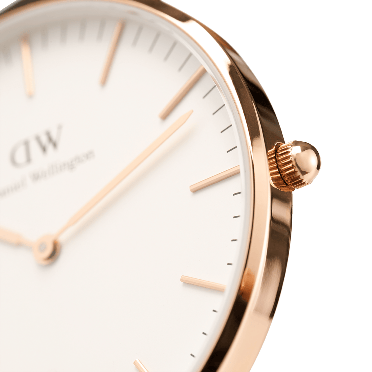 Close-up of the Classic Southampton watch showing the polished rose gold case, minimalist eggshell white dial, and slim rose gold hands and markers.