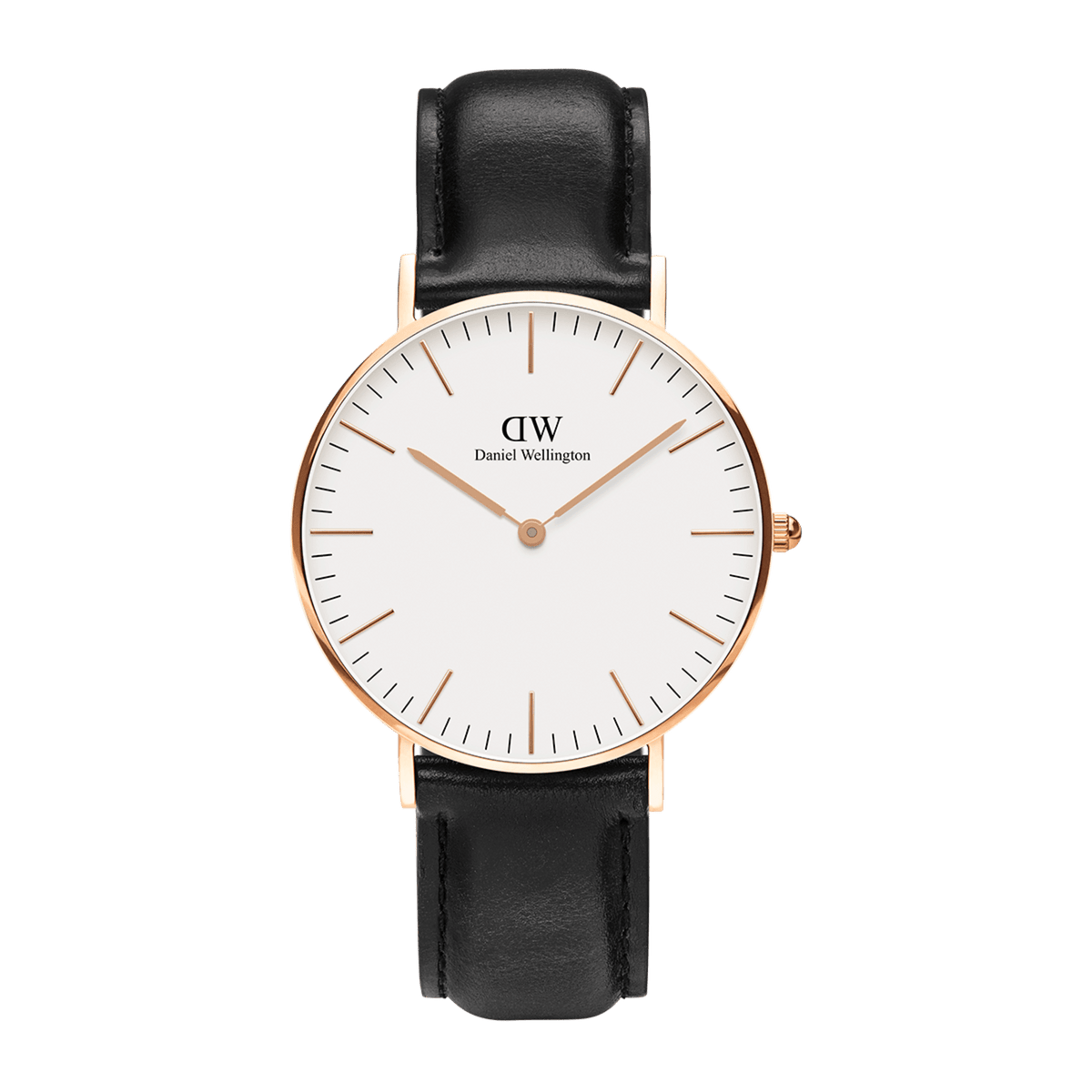 Classic Sheffield Rose Gold watch with a minimalist eggshell white dial, slim rose gold hands, and a polished rose gold case paired with a genuine black leather strap.