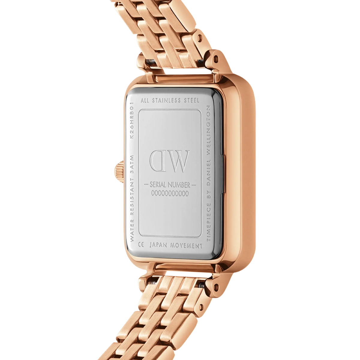 Rear view of the Quadro Lumine Bezel 5-Link Melrose showing the stainless steel case back, rose gold five-link strap, and engraved details including water resistance and Japanese movement.