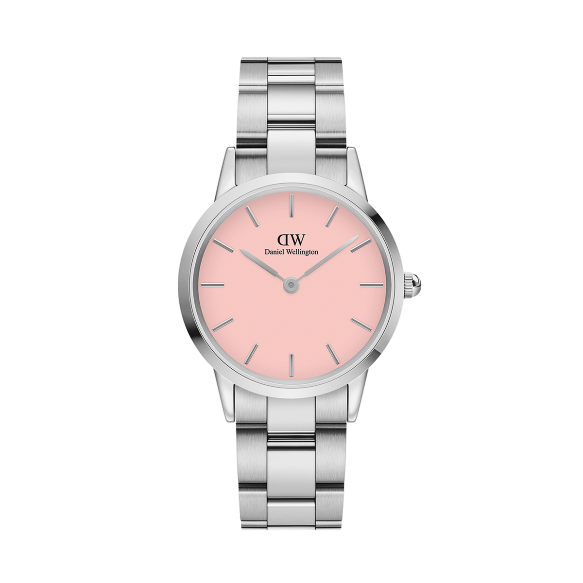 Iconic Link Blush Silver ladies watch featuring a stainless steel link bracelet and a soft pastel pink dial with minimalist hour markers, ideal for everyday style and comfort.