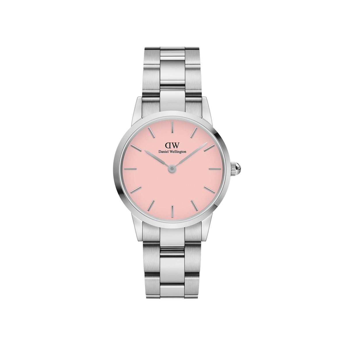 Silver ladies watch with a polished stainless steel link bracelet and a minimalist round pastel pink dial, featuring slim silver hour markers and hands. The Iconic Link Blush Silver offers a modern, elegant look suitable for both casual and professional wear.