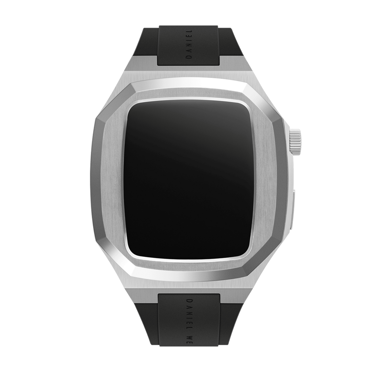 Switch Silver Apple Watch case in brushed stainless steel with an octagonal geometric design, shown with a black rubber strap and deployment clasp, suitable for 40mm Apple Watch models.