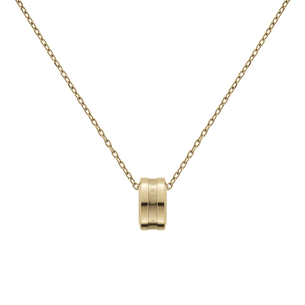 Elan Necklace Gold featuring a polished gold ring pendant engraved with the Daniel Wellington logo, suspended on a delicate adjustable chain.