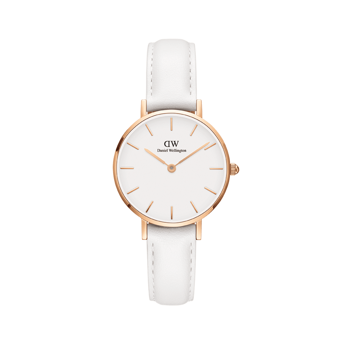 Petite Bondi Rose Gold ladies watch with a slim white leather strap, rose gold case, and minimalist eggshell white dial featuring simple hour markers for a clean, elegant style.