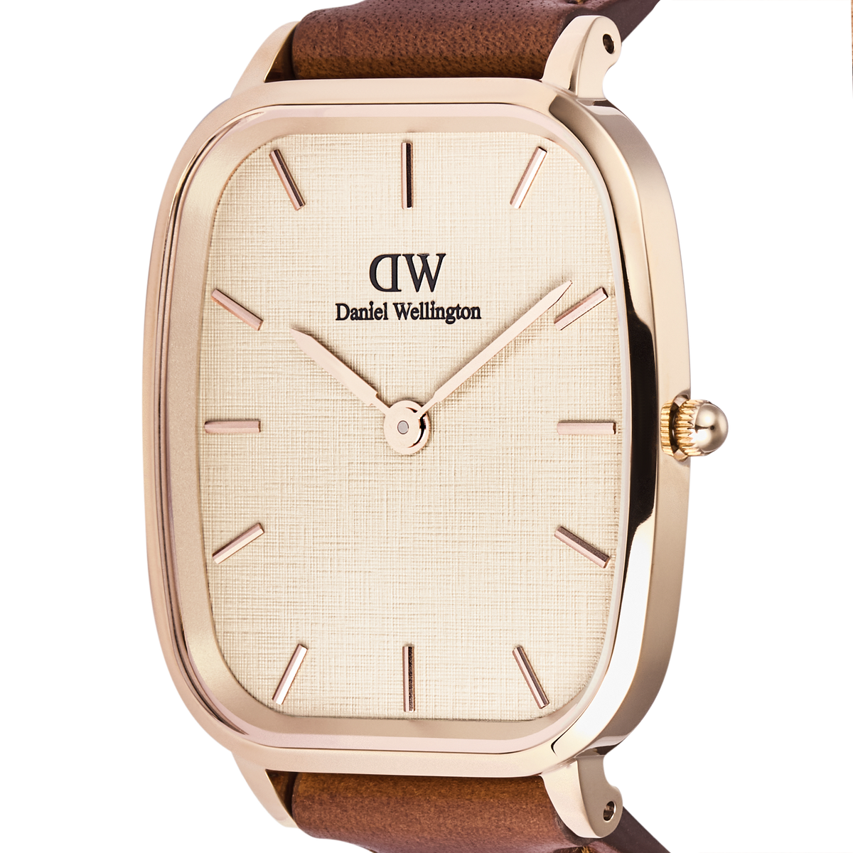 Close-up of the Marlon St Mawes Linen Rose Gold men’s watch highlighting its cushion-shaped rose gold case, linen-textured dial, minimalist markers, and brown leather strap.