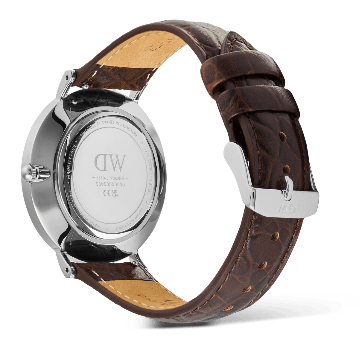 Rear view of the Classic Roman Numerals Date Dark Brown Croc Belly Silver watch, showing the polished stainless steel case back, engraved branding, and textured dark brown crocodile-embossed genuine leather strap with a silver pin buckle.