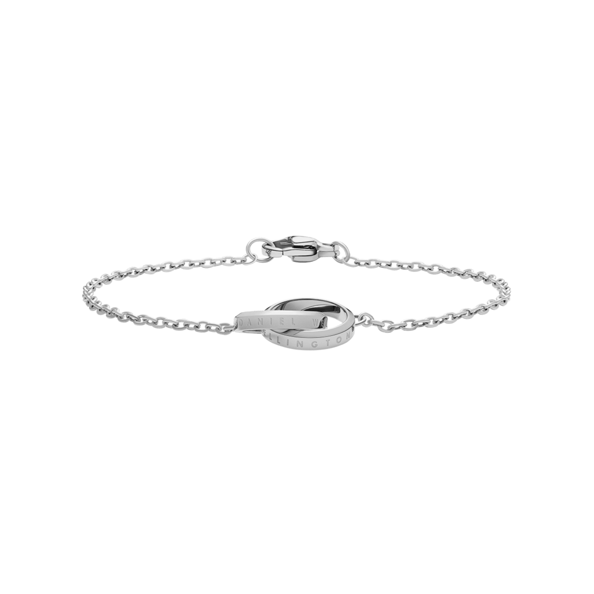 Refined Elan Unity Bracelet Silver with two interlocking rings and a delicate silver chain, crafted in stainless steel and finished with a secure clasp for versatile styling.