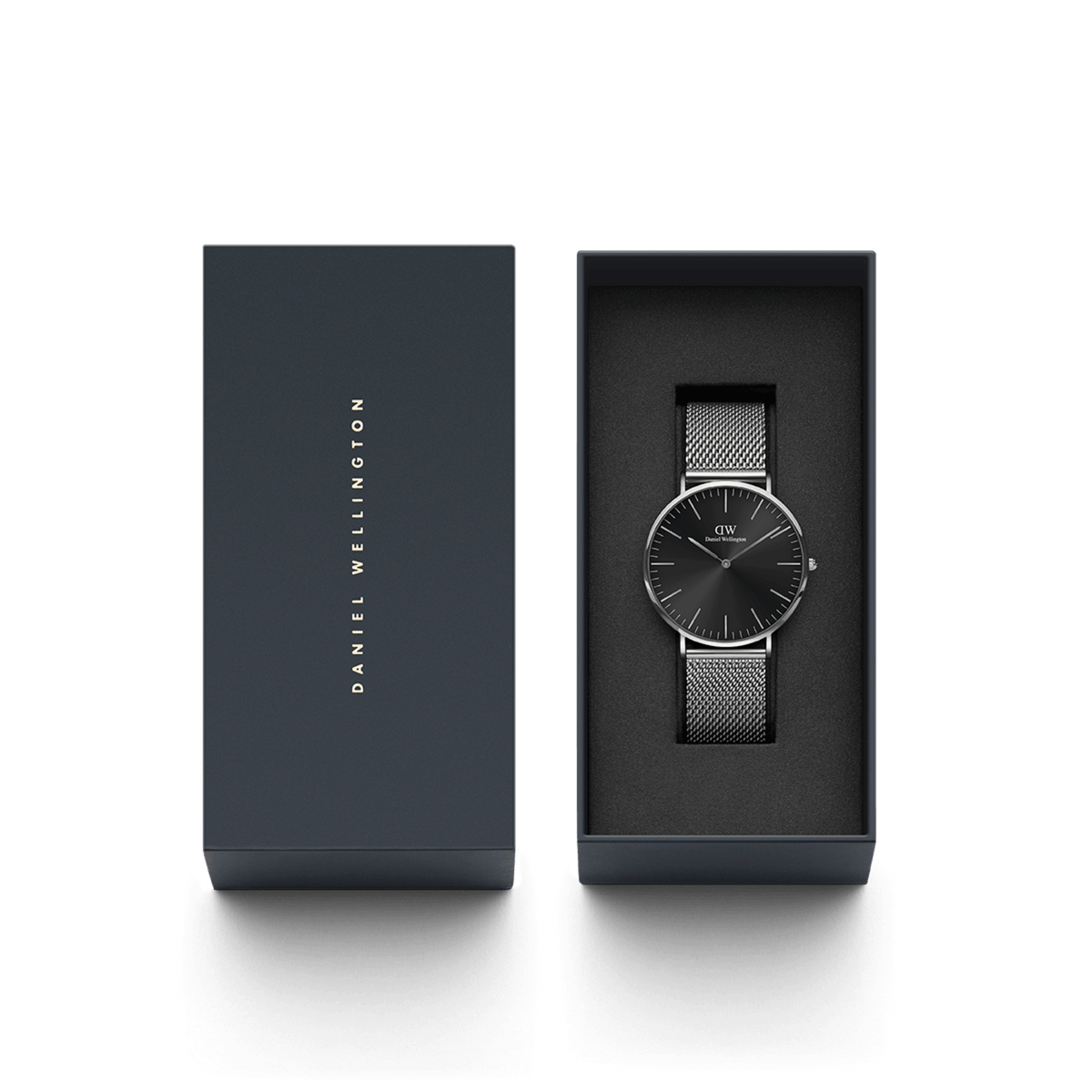 Classic Mesh Onyx silver watch with a black sunray dial and stainless steel mesh strap, elegantly presented in a Daniel Wellington branded gift box.