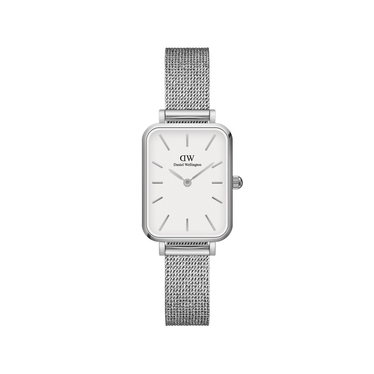 Quadro Pressed Sterling features a petite rectangular stainless steel case, eggshell white dial, and a refined silver mesh strap, offering a minimalist and elegant watch design for women.