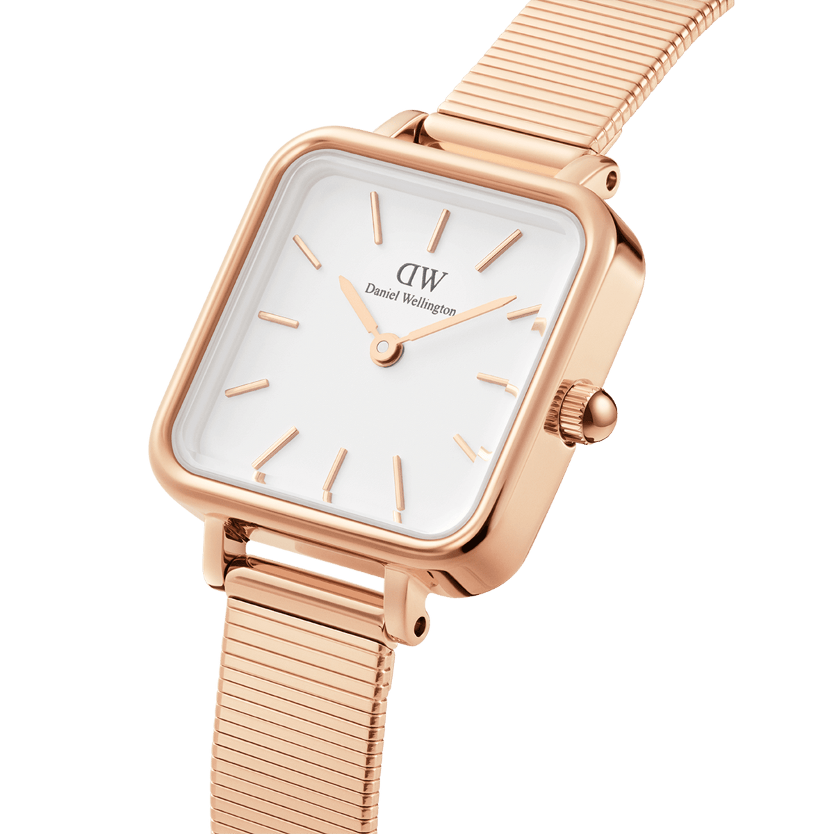 Quadro Studio Rose Gold watch featuring a square eggshell white dial, slim rose gold hour markers, and an elegant piano link rose gold strap with a polished finish, designed for women seeking a modern classic accessory.