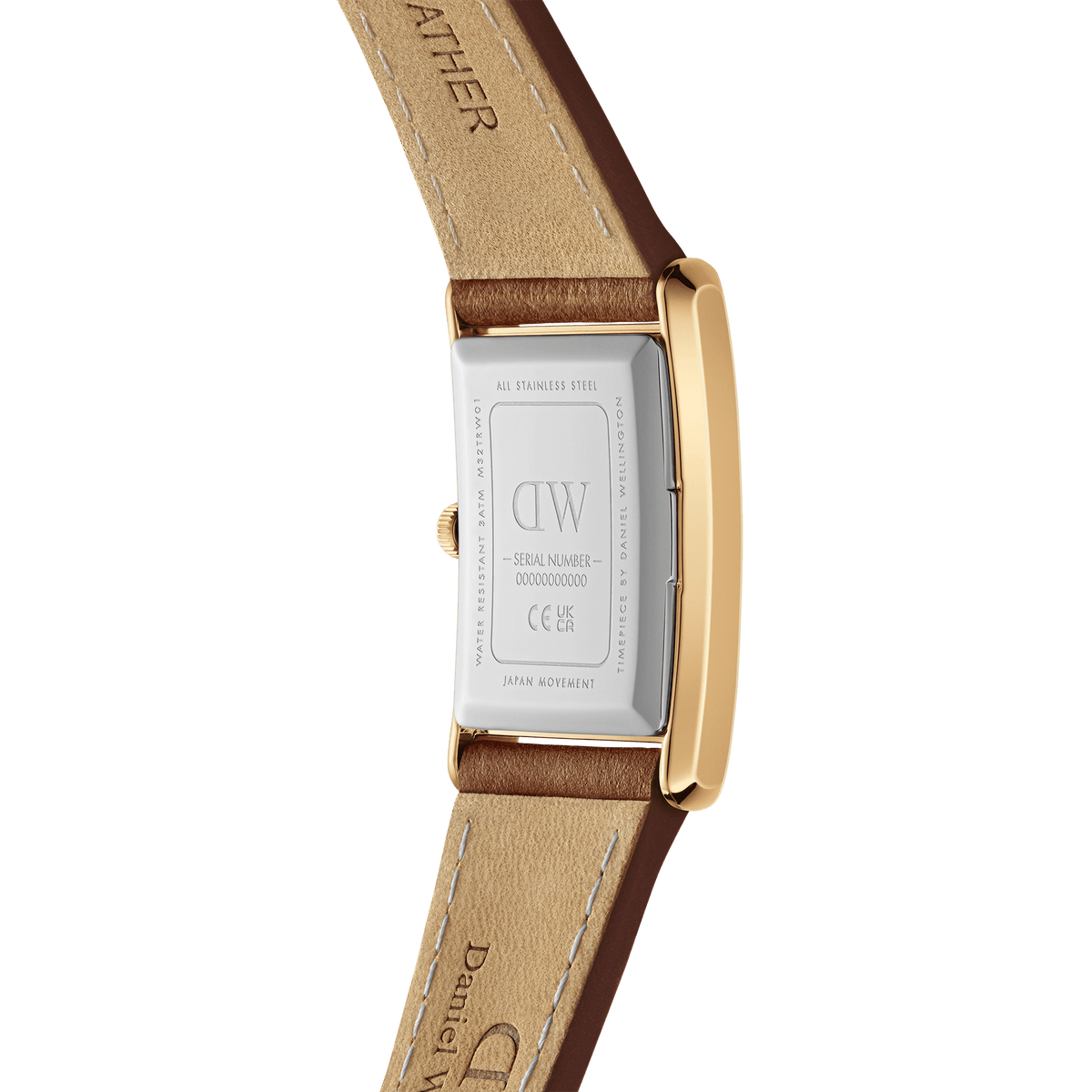 Bound Durham Gold watch showing the stainless steel back of the curved rectangular gold case, with a light brown genuine leather strap and visible stitching, highlighting quality craftsmanship and Japanese movement.