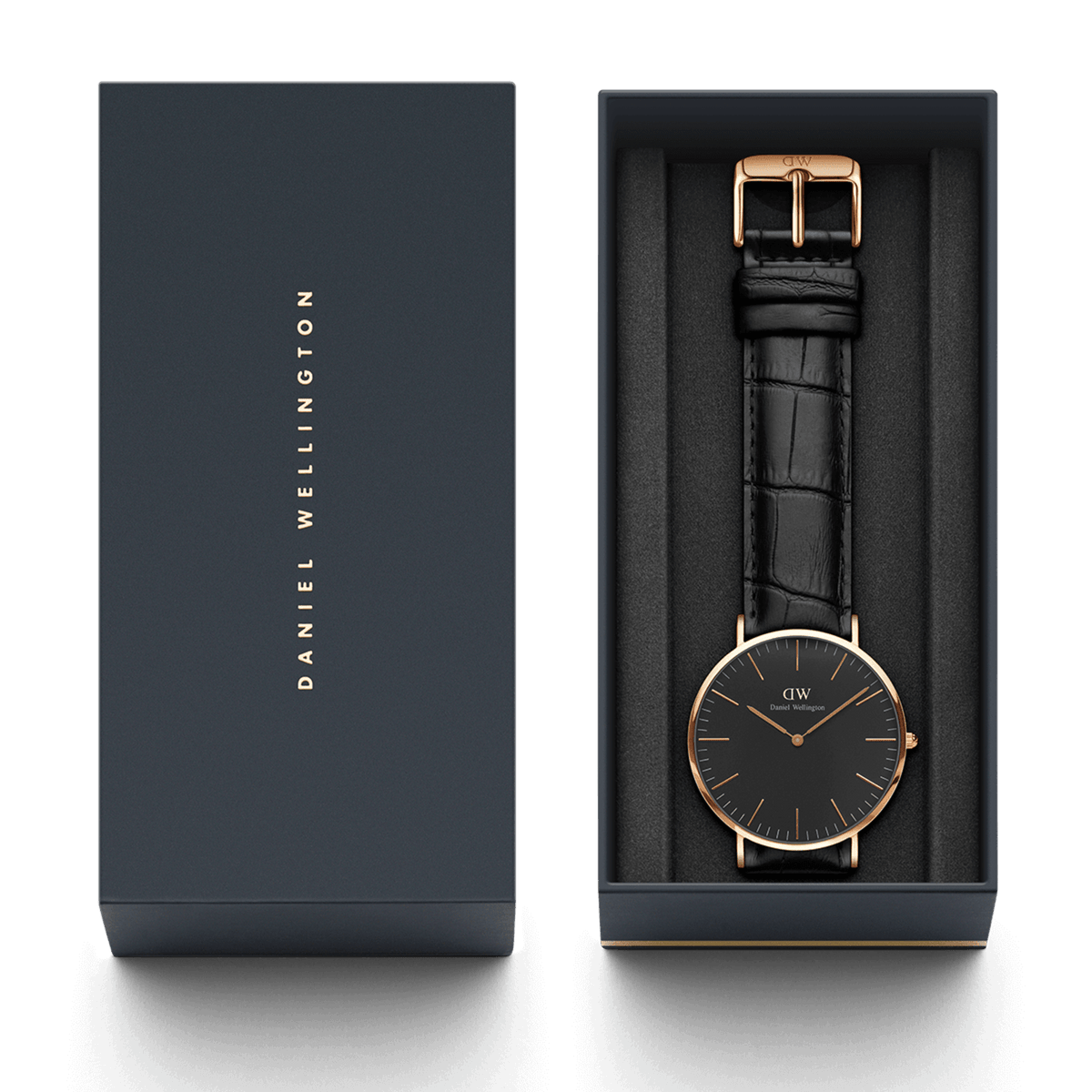 Classic Reading Black Rose Gold watch presented in its branded gift box, featuring a black croc-embossed leather strap and a slim rose gold case for a sophisticated and timeless gift option.