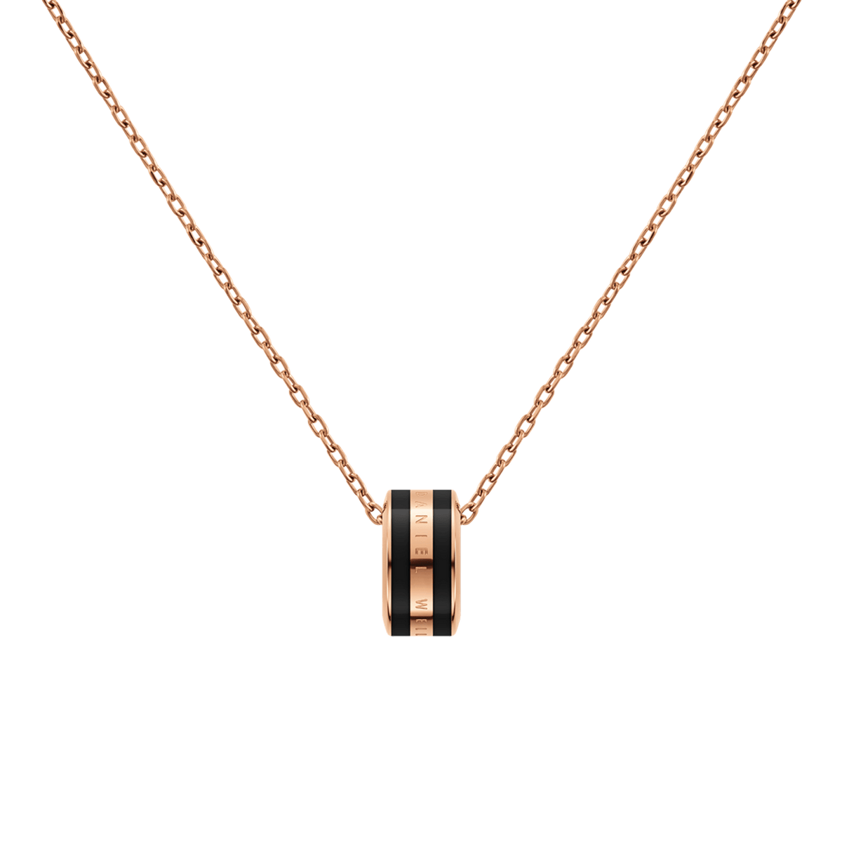 Close-up of the Emalie Necklace Rose Gold Black, showing a polished rose gold chain with a bold black enamel pendant that features engraved detailing, highlighting its modern and minimalist style.