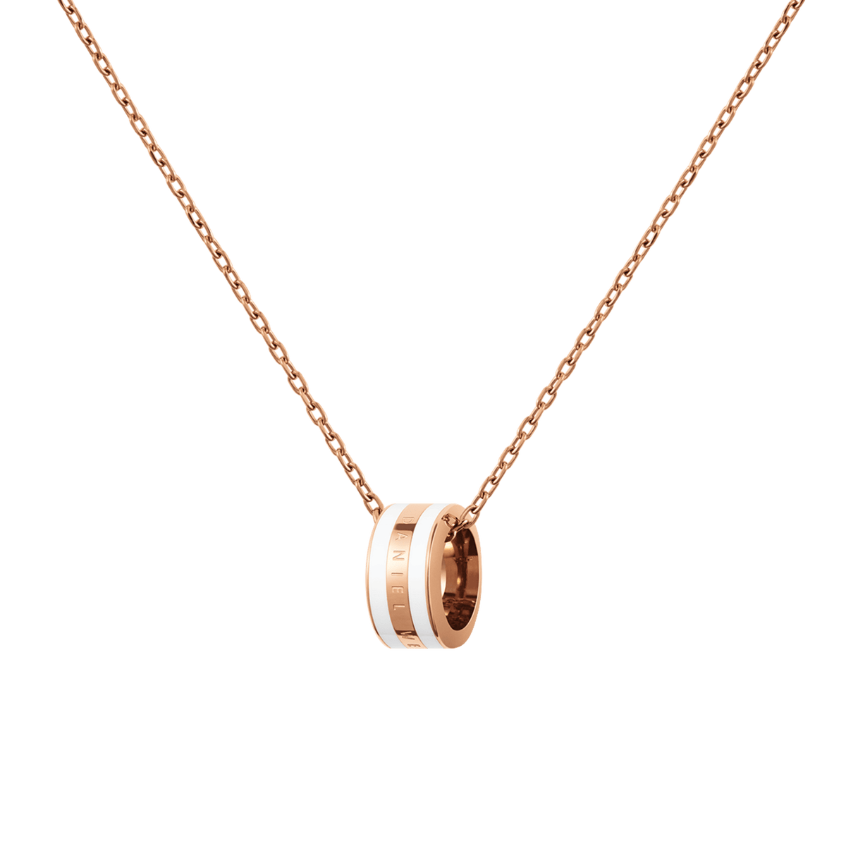 Close-up of the Emalie Necklace Rose Gold Satin White, showing a polished rose gold chain and a smooth satin white enamel pendant with engraved detailing, ideal for adding a modern, elegant touch to any look.