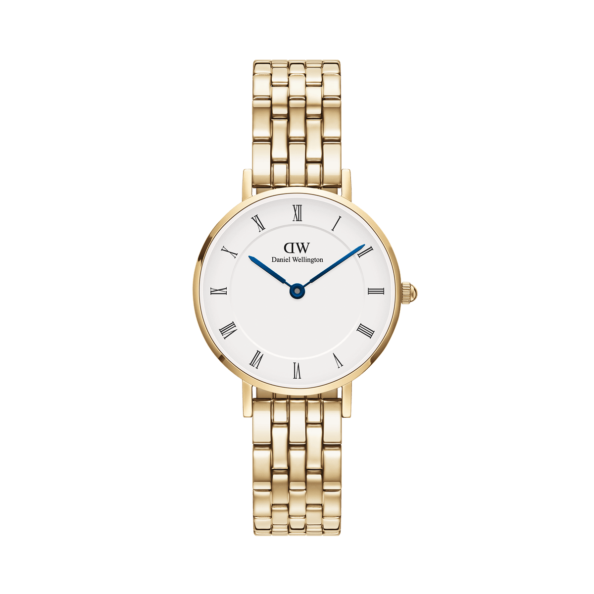 Petite Roman Numerals 5-Link Gold watch featuring a 28mm round white dial with classic Roman numerals, blue steel hands, and a polished gold 5-link bracelet.