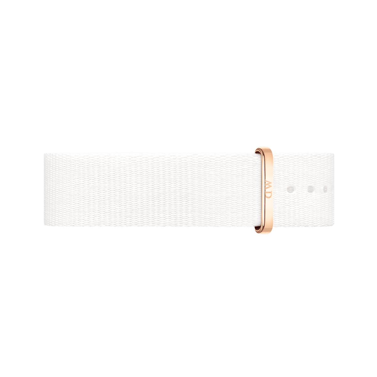 Dover Strap Rose Gold in crisp white polyester with a rose gold buckle, featuring a minimalist NATO style design and adjustable fit for various watch sizes.