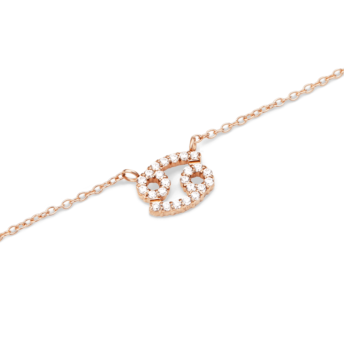 Close-up of the Crystal Zodiac Chain Necklace Rose Gold featuring a Cancer zodiac pendant set with sparkling crystals on a fine rose gold chain.