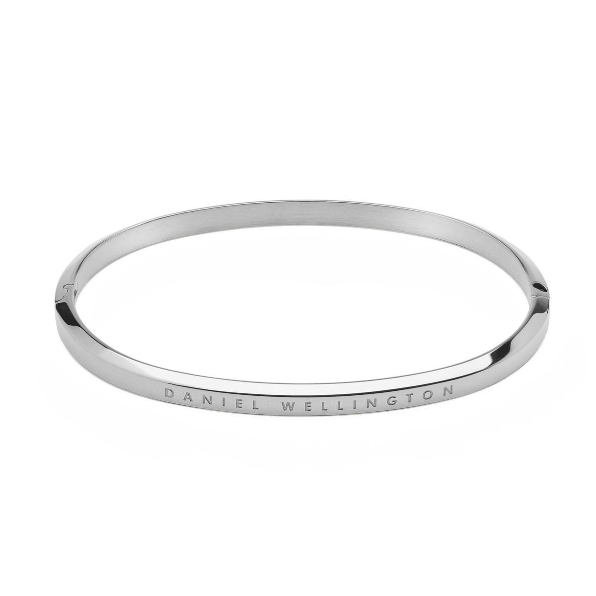 Classic Bangle Silver featuring a slim, polished stainless steel design with the Daniel Wellington logo engraved along the edge, ideal for layering or wearing alone.