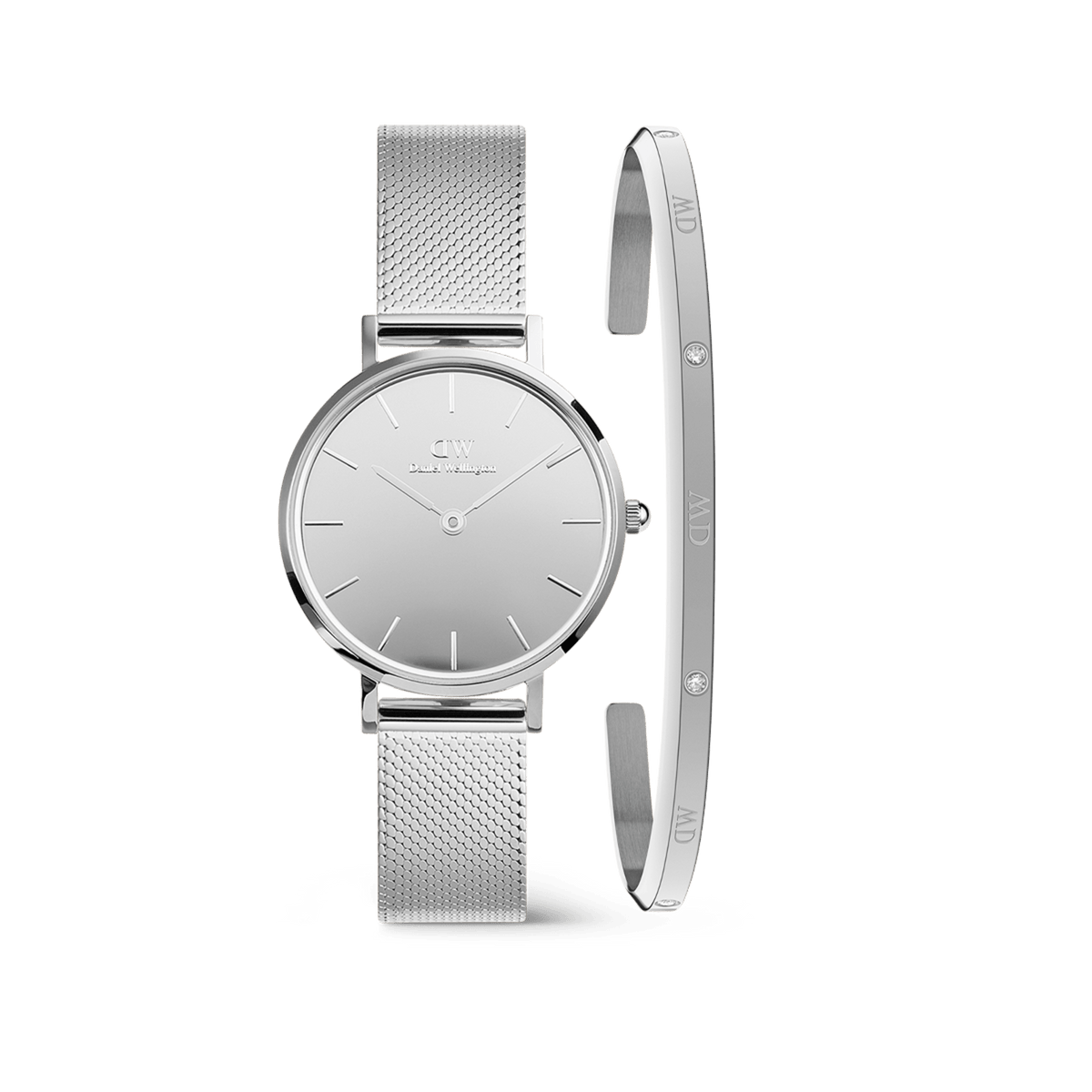 Silver mesh watch with a minimalist round dial paired with a slim silver bracelet featuring delicate diamanté accents, designed for women who prefer understated elegance and a cohesive jewellery look.