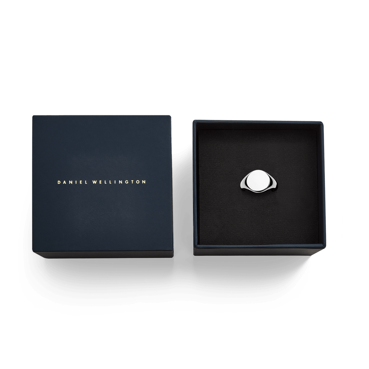Classic Signet Ring Silver presented in a Daniel Wellington gift box, showcasing its polished minimalist design and elegant packaging, ideal for gifting or special occasions.