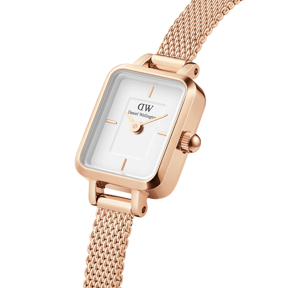 Quadro Mini Melrose featuring a rectangular white dial, rose gold mesh strap, and polished rose gold case, highlighting its minimalist design and delicate styling for women.